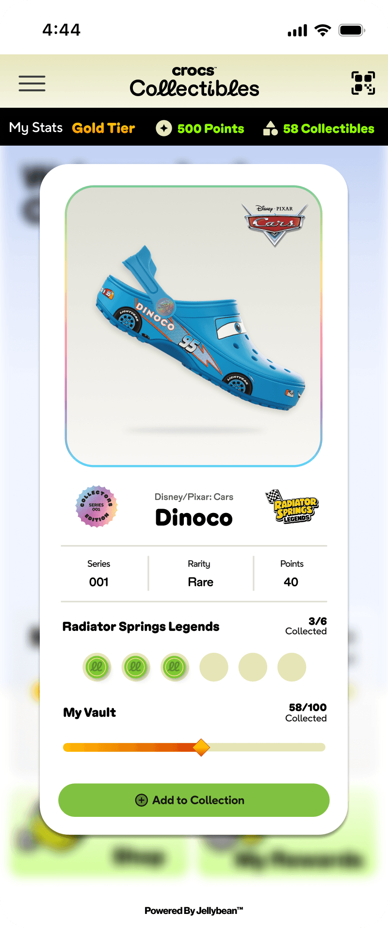 Crocs Collectibles screen for the Dinoco clog, with its series, rarity and points, the Radiator Springs Legends set at 3 of 6 collected, and an Add to Collection button