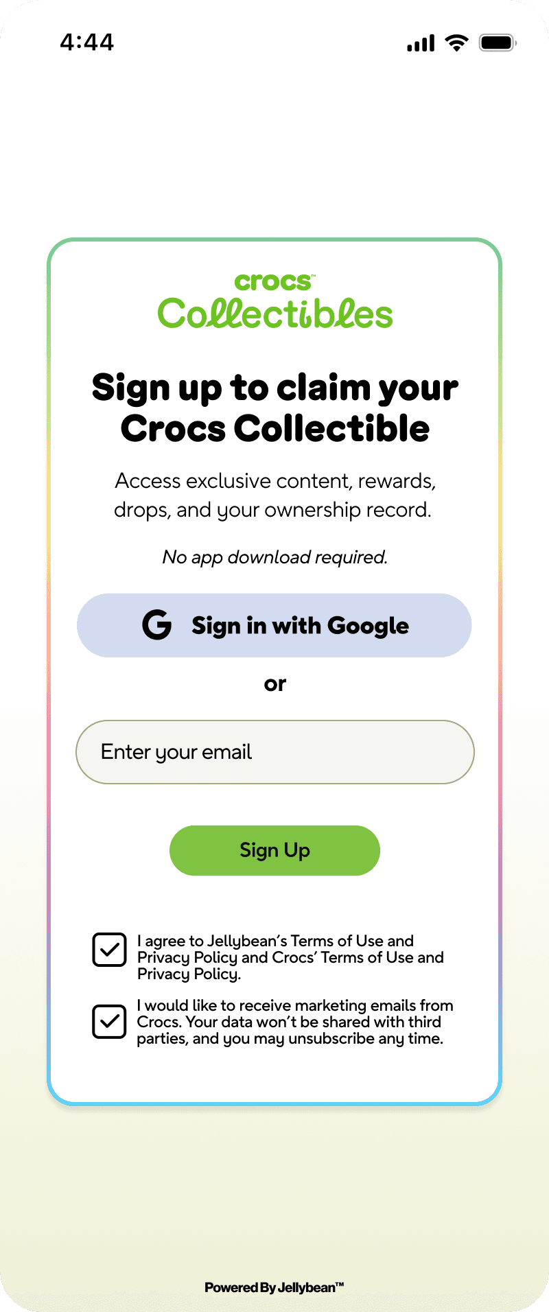 Crocs Collectibles sign-up screen: sign up to claim your Crocs Collectible with Google or by email, with one box for the terms and another for marketing emails