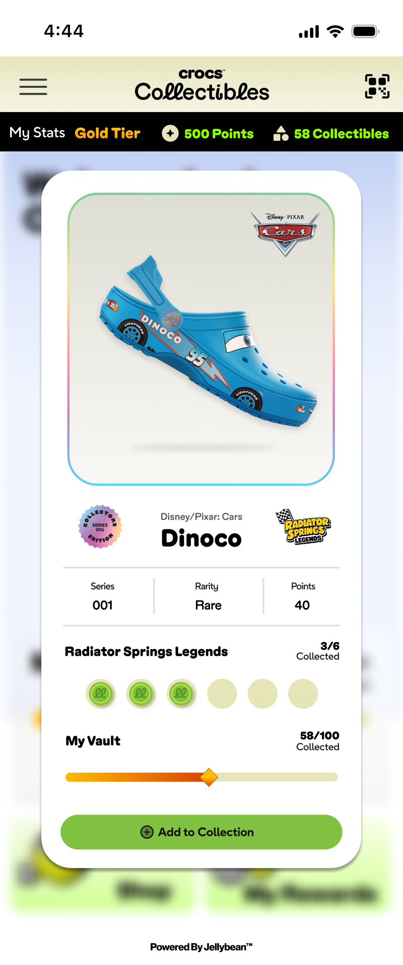 Crocs Collectibles item screen showing Dinoco collectible details and an Add to Collection button