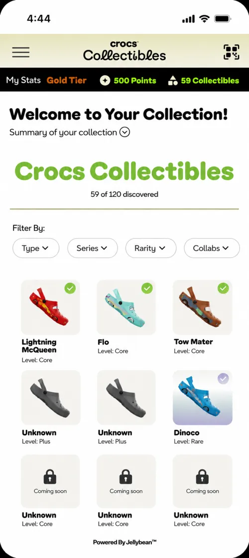 Crocs Collectibles app showing My Collection with collectible cards and locked cards still to unlock