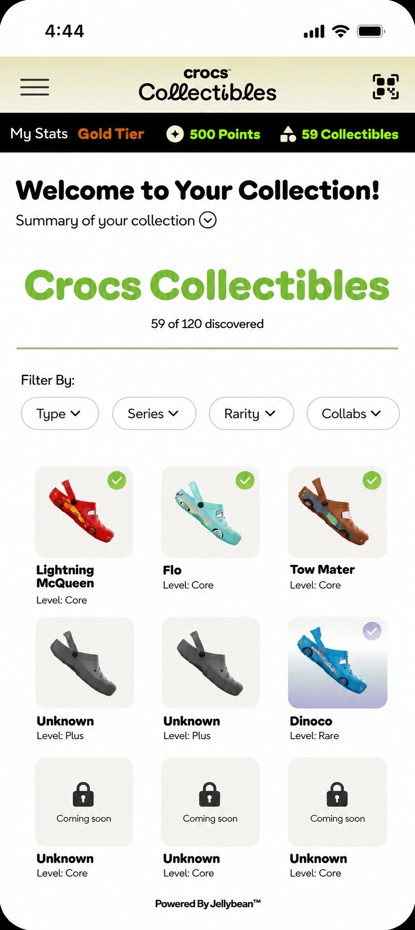 Crocs Collectibles app showing My Collection with collectible cards and locked cards still to unlock