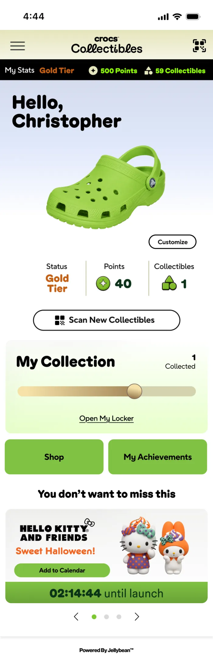 Crocs Collectibles home screen showing a digital clog, the collection, achievements and launch content