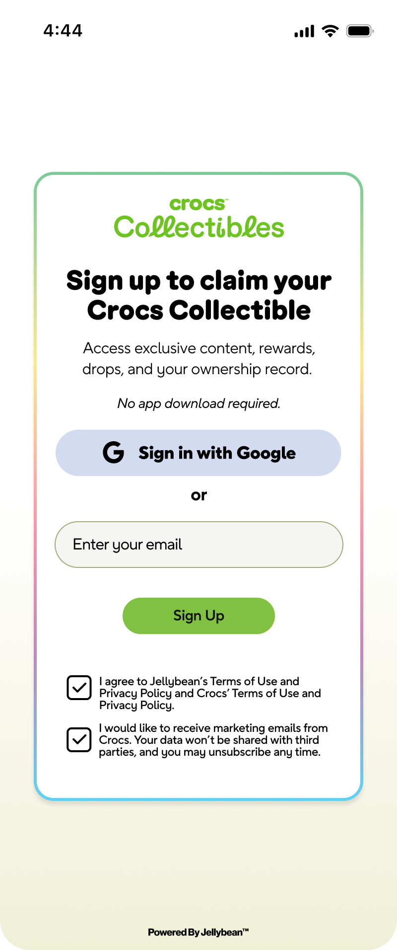 Crocs Collectibles sign-up screen with Google or email entry, member benefits and update choices