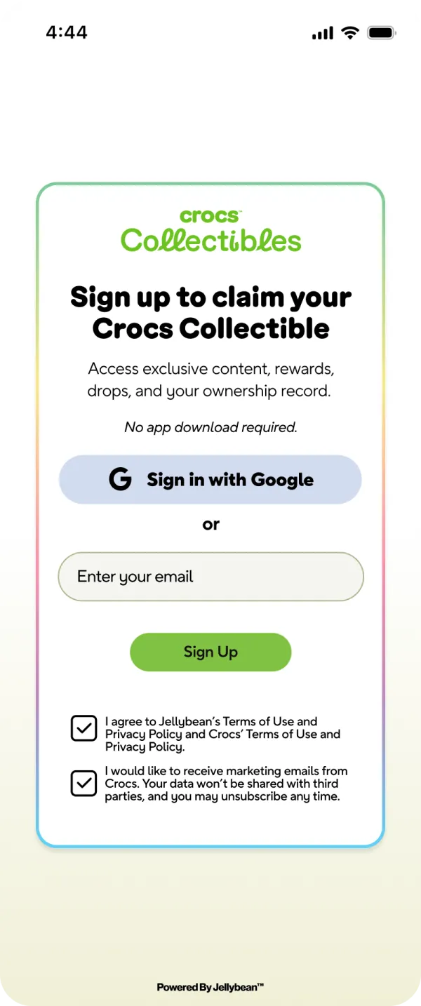 Crocs Collectibles sign-up screen with Google or email entry, member benefits and update choices