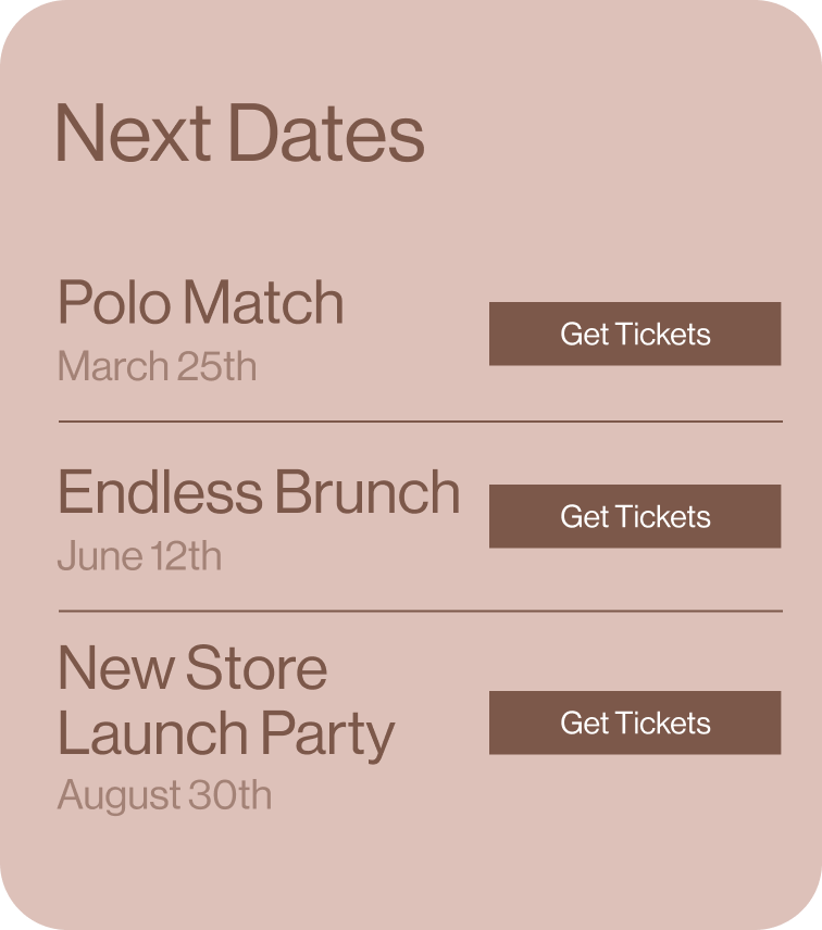 Illustrative wine experience events list with dates and Get Tickets buttons