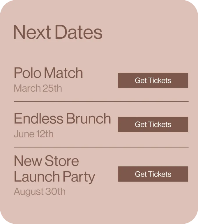 Illustrative wine experience events list with dates and Get Tickets buttons