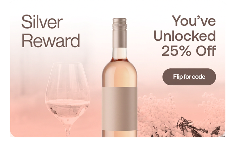 Illustrative wine experience reward card showing a Silver Reward, 25 percent off and Flip for code