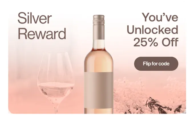 Illustrative wine experience reward card showing a Silver Reward, 25 percent off and Flip for code