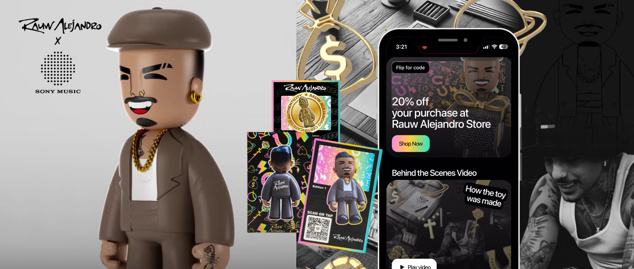 Rauw Alejandro figure and collectible cards beside a phone showing a store discount and a behind-the-scenes video